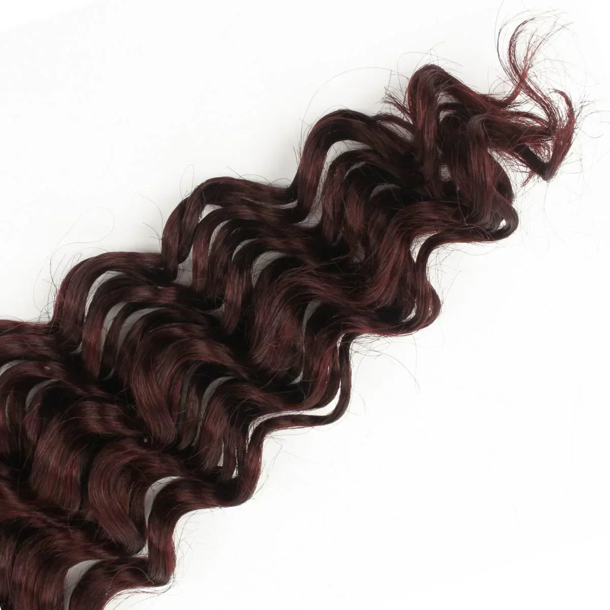 Detailed view of Burgundy Deep Wave Bulk Human Hair Extensions with soft, flowing deep waves and rich 99J burgundy color for a stunning, voluminous finish.