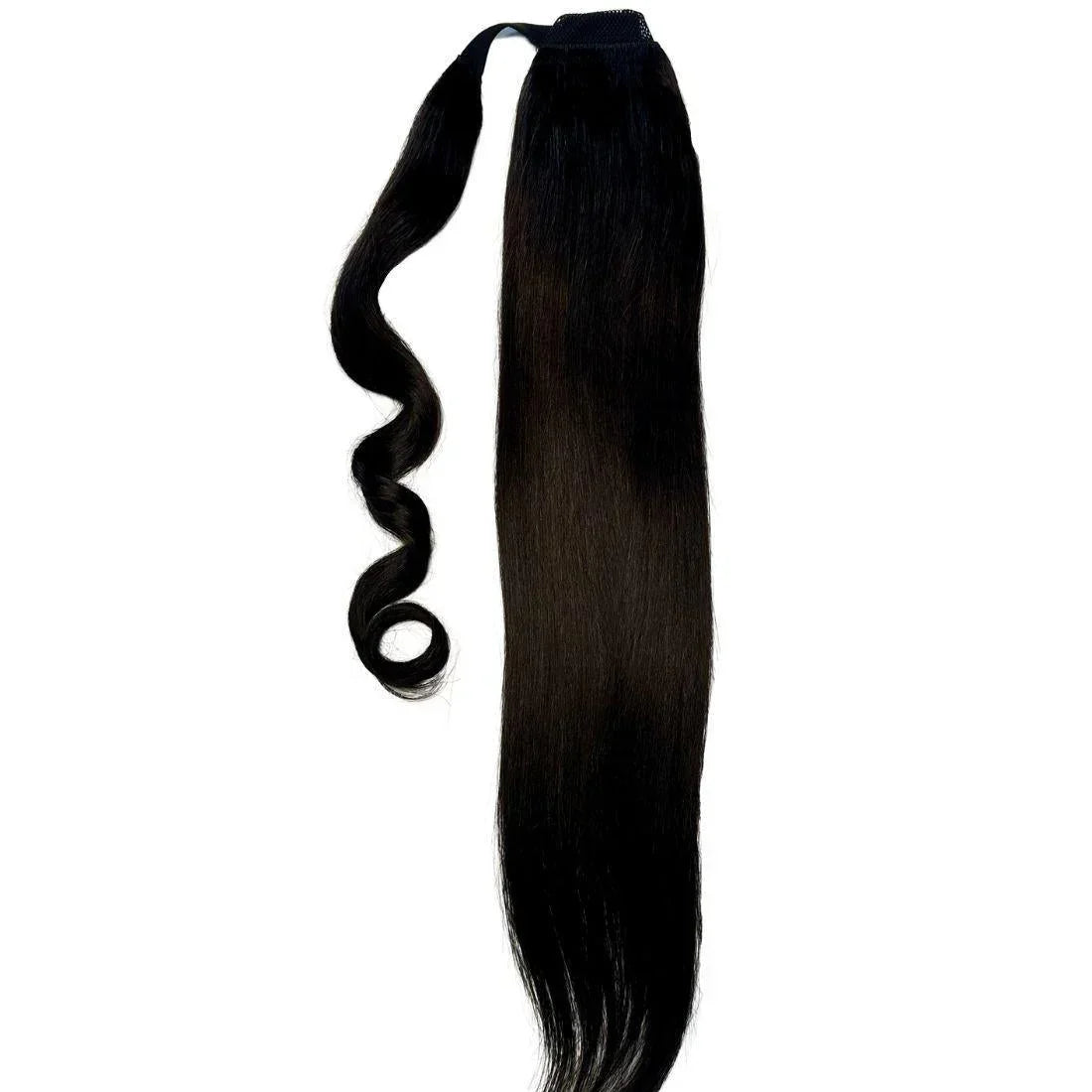 Another close-up image of Natural Black Ponytail focusing on the 20” length and premium quality hair.