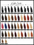 Virgin hair bundles in various textures and colors, including straight, body wave, deep wave, curly, and ombre.
