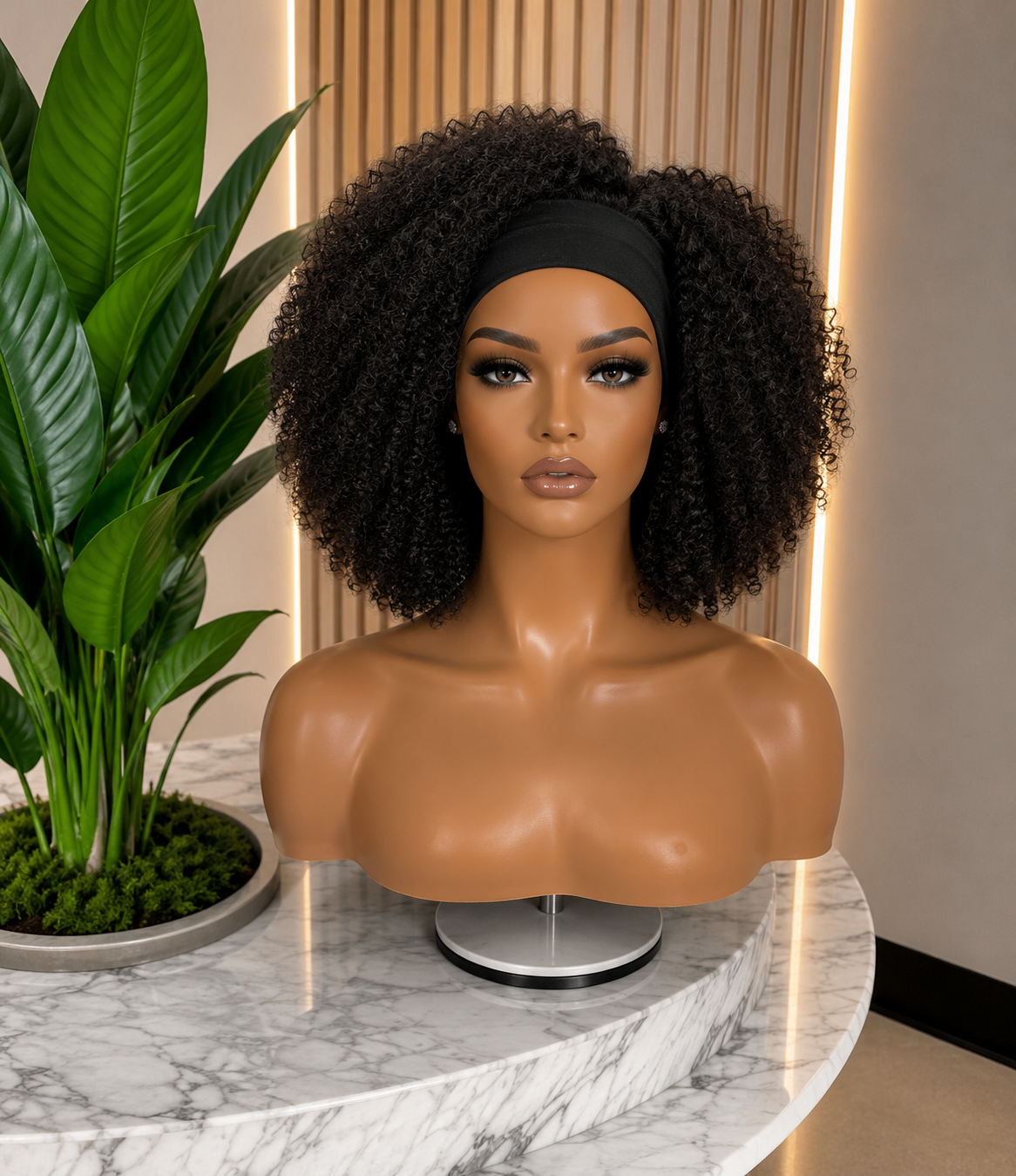 Afro kinky curly headband wig in 100% virgin human hair, natural 1B with 150% density, from Nikki Smith Hair Collection