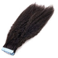 Close-up of kinky straight tape-in extensions showing a natural, sleek blow-out texture, great for everyday wear.