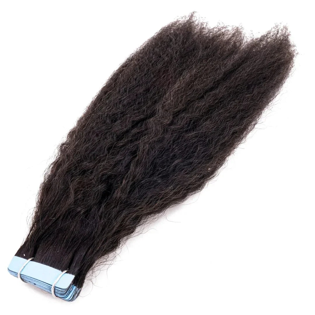 Close-up of kinky straight tape-in extensions showing a natural, sleek blow-out texture, great for everyday wear.