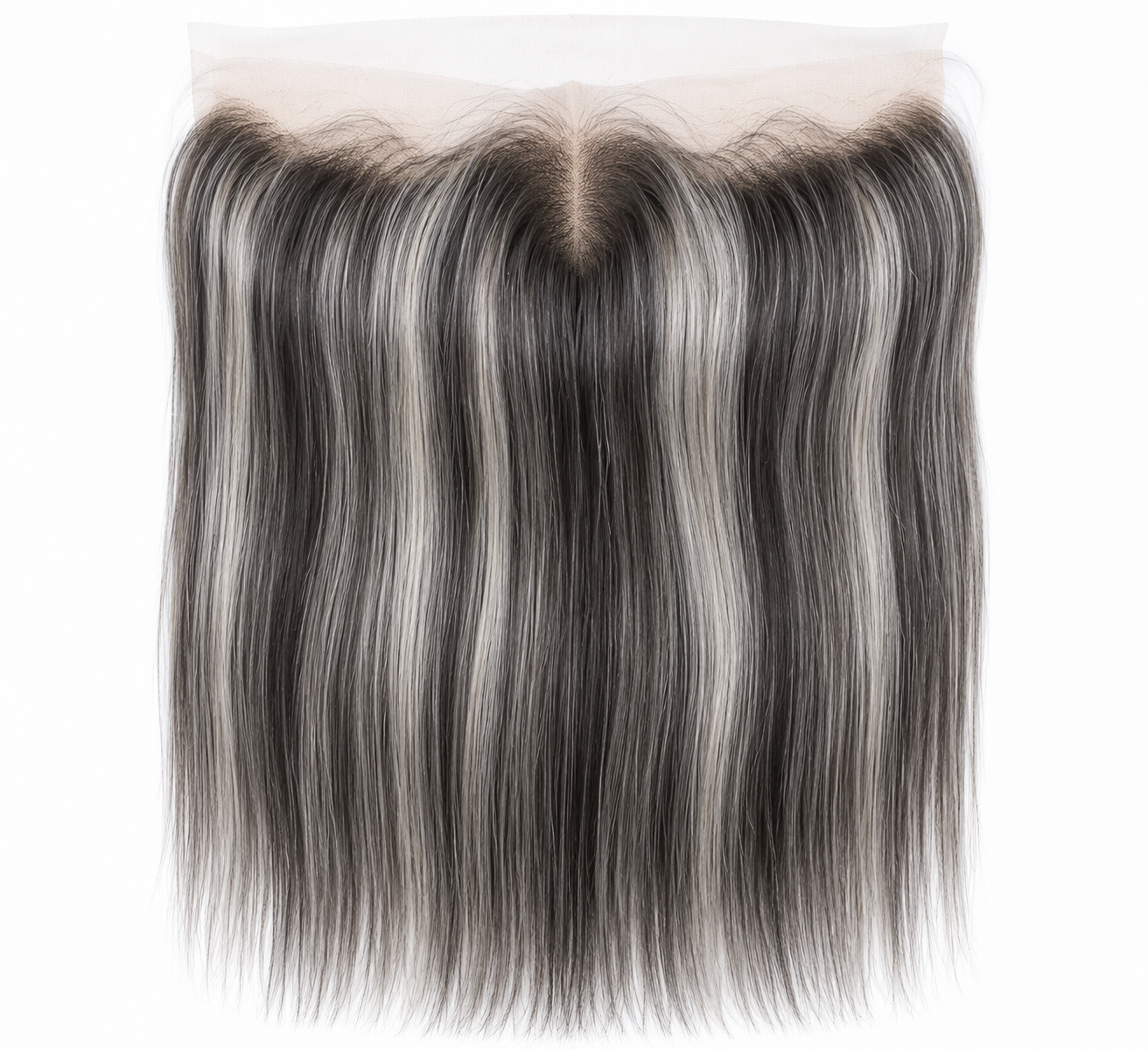 Salt and pepper straight virgin human hair 13x4 HD lace frontal with center part on a white background