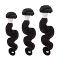 Three Brazilian body wave hair bundles with natural black color and defined loose waves.