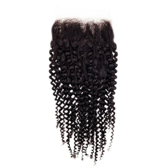 Brazilian Afro Kinky Curly Closure, perfect for sew-ins with a natural, curly texture, featuring lace closure placement for a protective style, available in 14" length from Nikki Smith Hair Collection.
