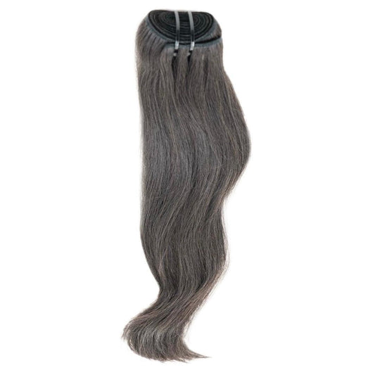 Raw Vietnamese Natural Gray Hair Extensions from Nikki Smith Hair Collection, made with 100% raw hair. Available in 14” to 22” lengths, offering a sophisticated gray color and lasting durability with proper care.