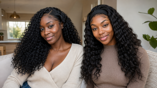 Two women side by side, one wearing a curly half wig and one wearing a deep wave headband wig, both glueless styles from Nikki Smith Hair Collection