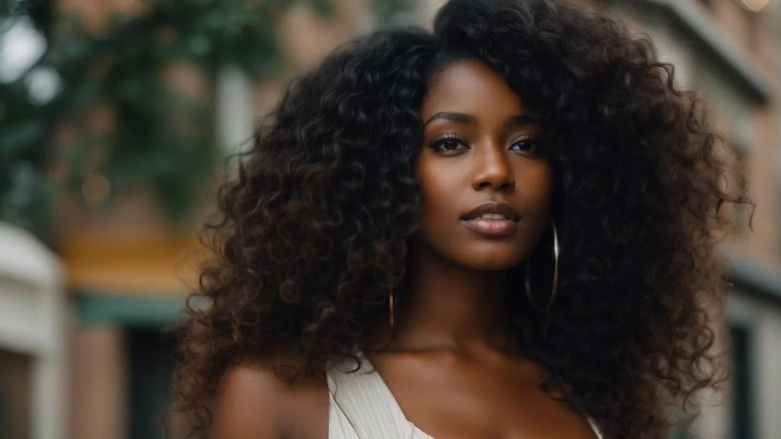 Black woman on vacation wearing Spanish wavy curly hair