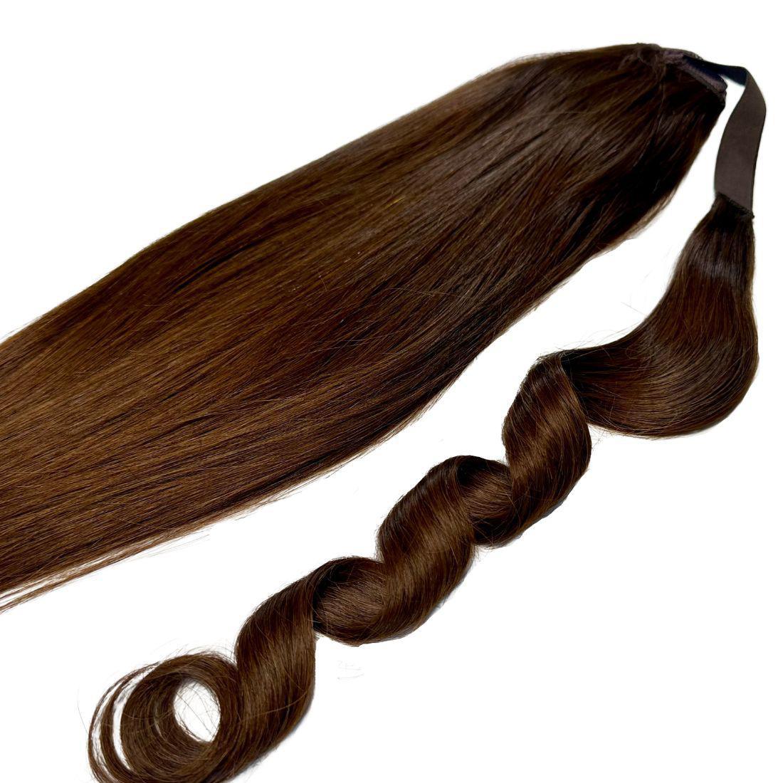 Dark Brown Ponytail with seamless attachment, showcasing the high-quality human hair for a perfect look.