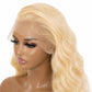 Back view of blonde body wave full lace wig showing length and density