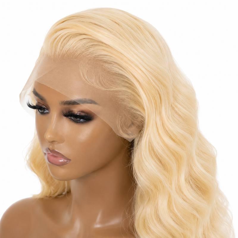 Back view of blonde body wave full lace wig showing length and density