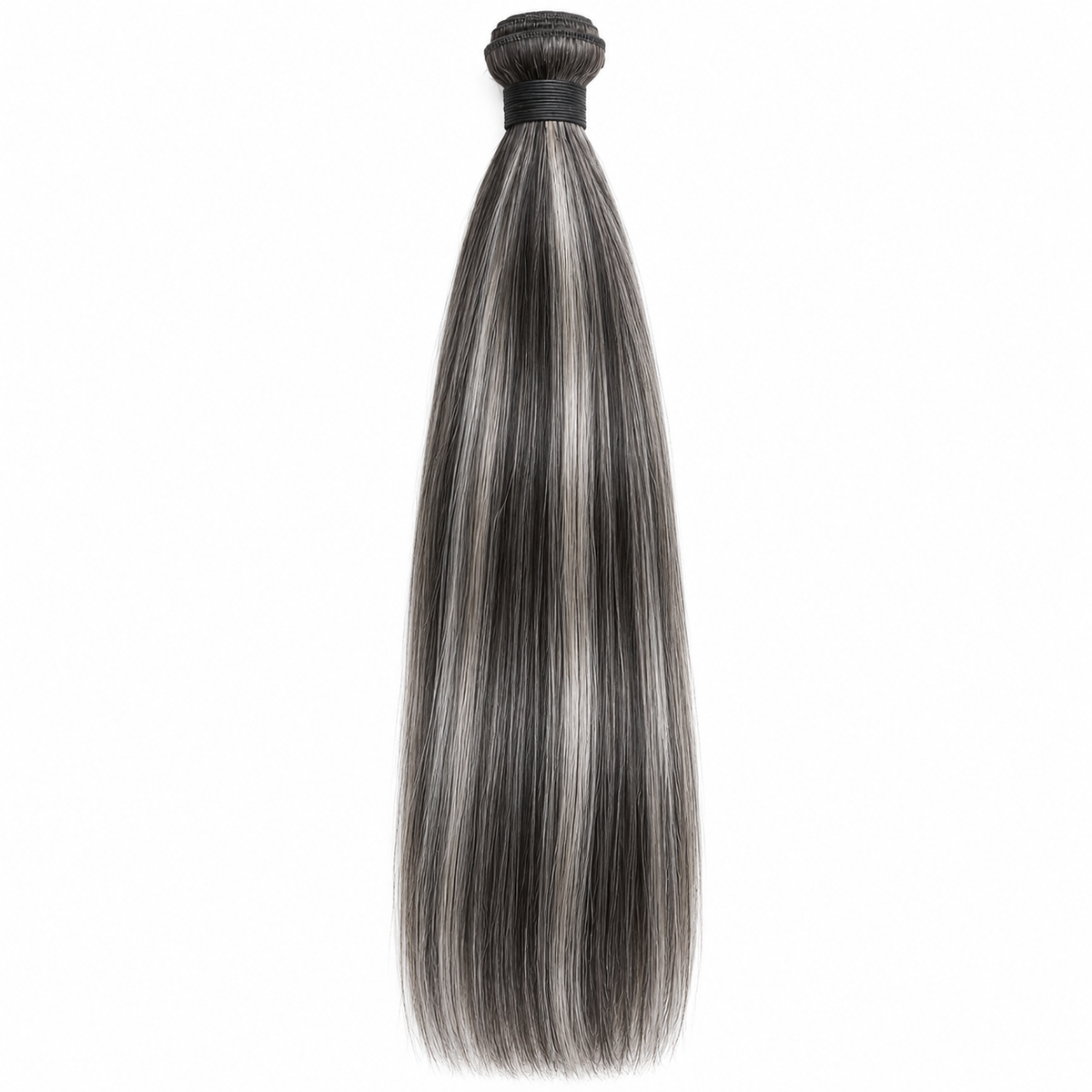 22-inch salt and pepper straight virgin human hair extensions, single bundle on white background