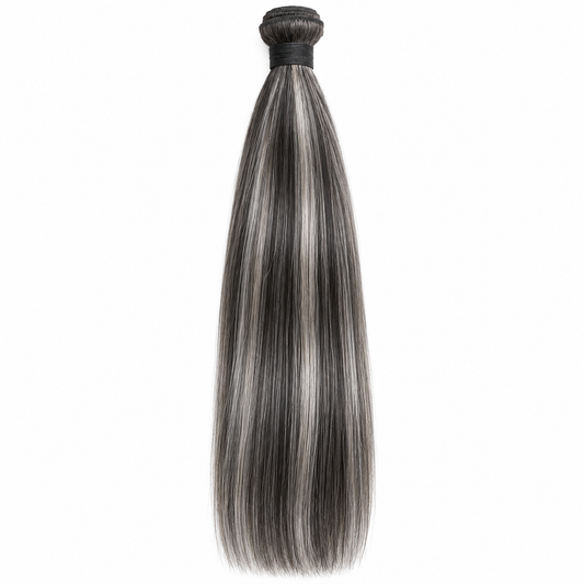 22-inch salt and pepper straight virgin human hair extensions, single bundle on white background