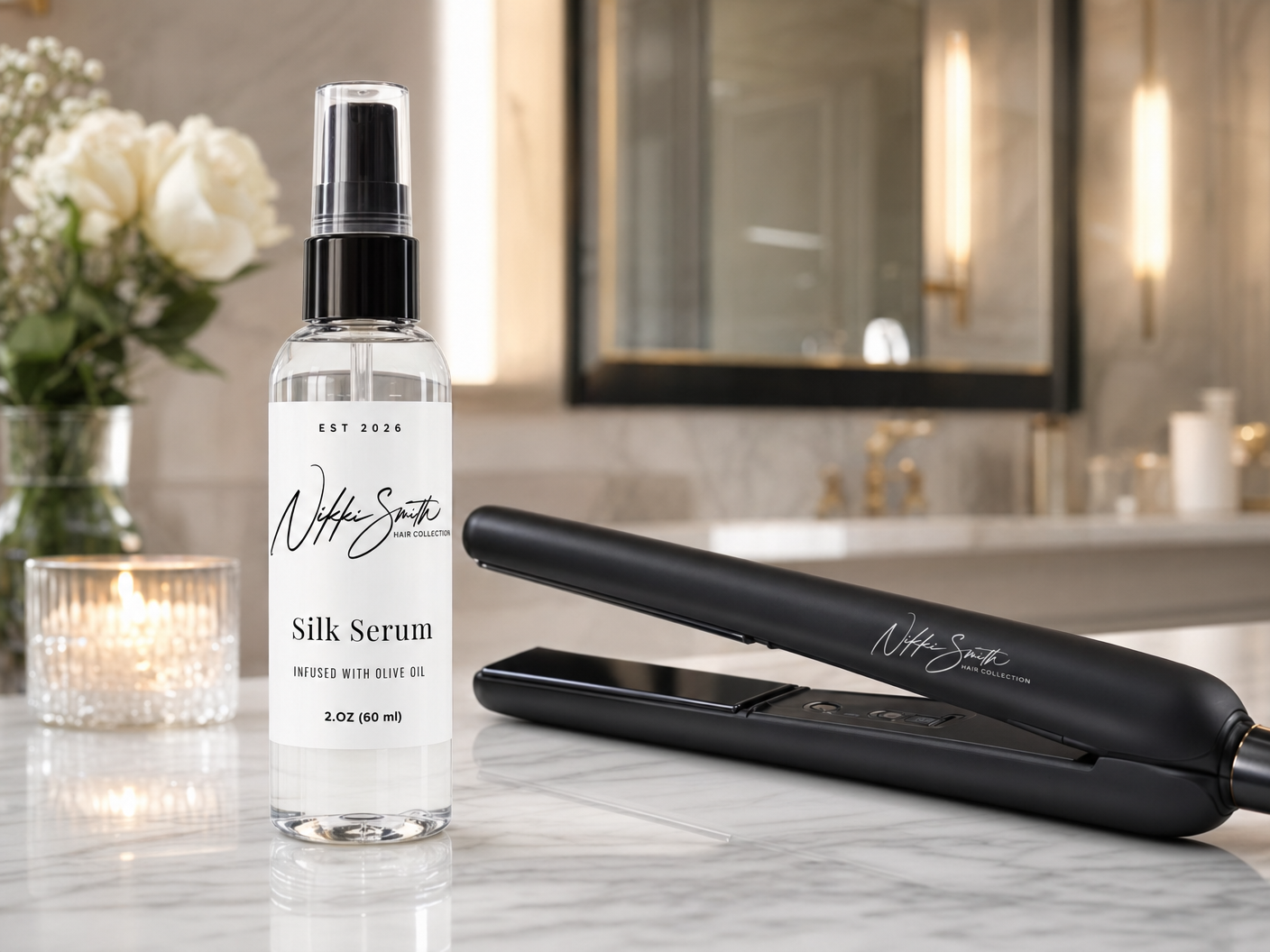 Silk serum spray and hair straightener on marble bathroom counter, luxury hair care setting