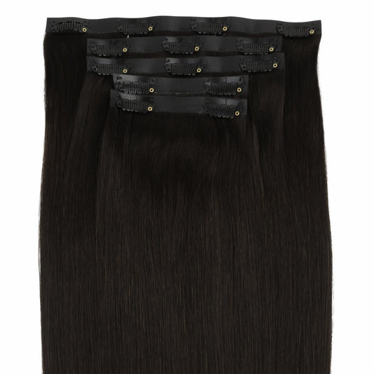 Off Black (1B) seamless clip-in hair extensions in 100% human hair – Nikki Smith Hair Collection