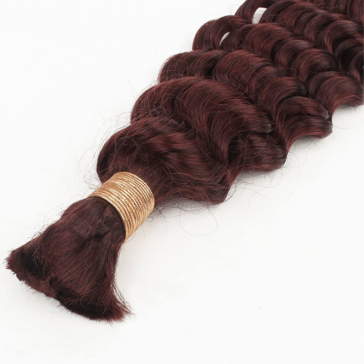 Close-up of Burgundy Deep Wave Bulk Human Hair Extensions showcasing the deep wave texture and smooth burgundy color ideal for adding volume and style to braids.