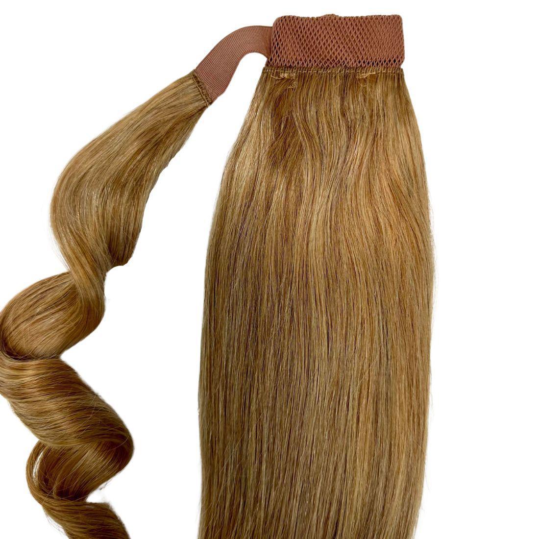 Detailed shot of Honey Blonde Ponytail showing the seamless wrap-around feature to conceal the hair tie.