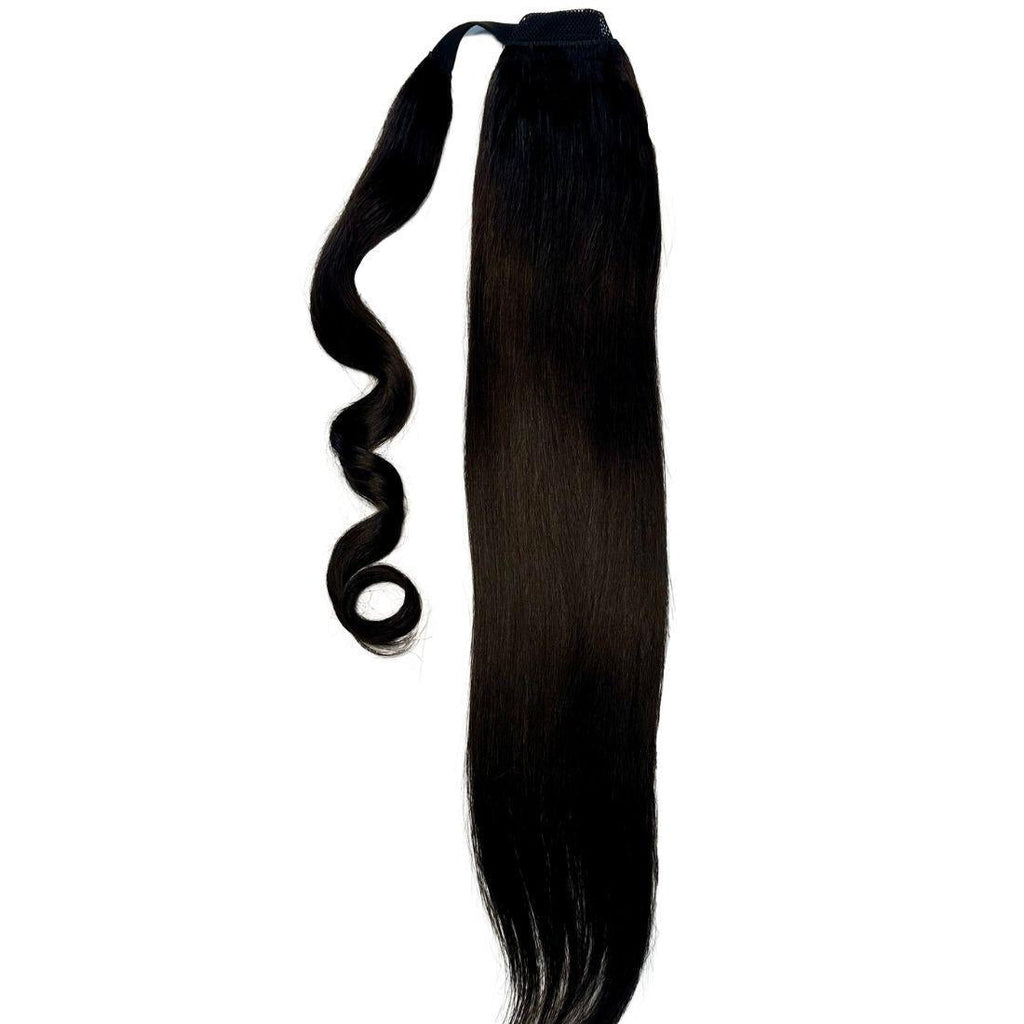 Another close-up image of Natural Black Ponytail focusing on the 20” length and premium quality hair.