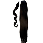 Another close-up image of Natural Black Ponytail focusing on the 20” length and premium quality hair.