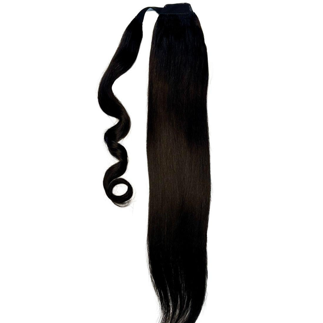 Another close-up image of Natural Black Ponytail focusing on the 20” length and premium quality hair.