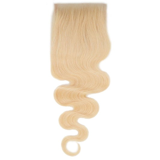 Russian Blonde Body Wave Closure, demonstrating the silky wave texture and lace closure, perfect for adding a natural, voluminous look, from Nikki Smith Hair Collection.