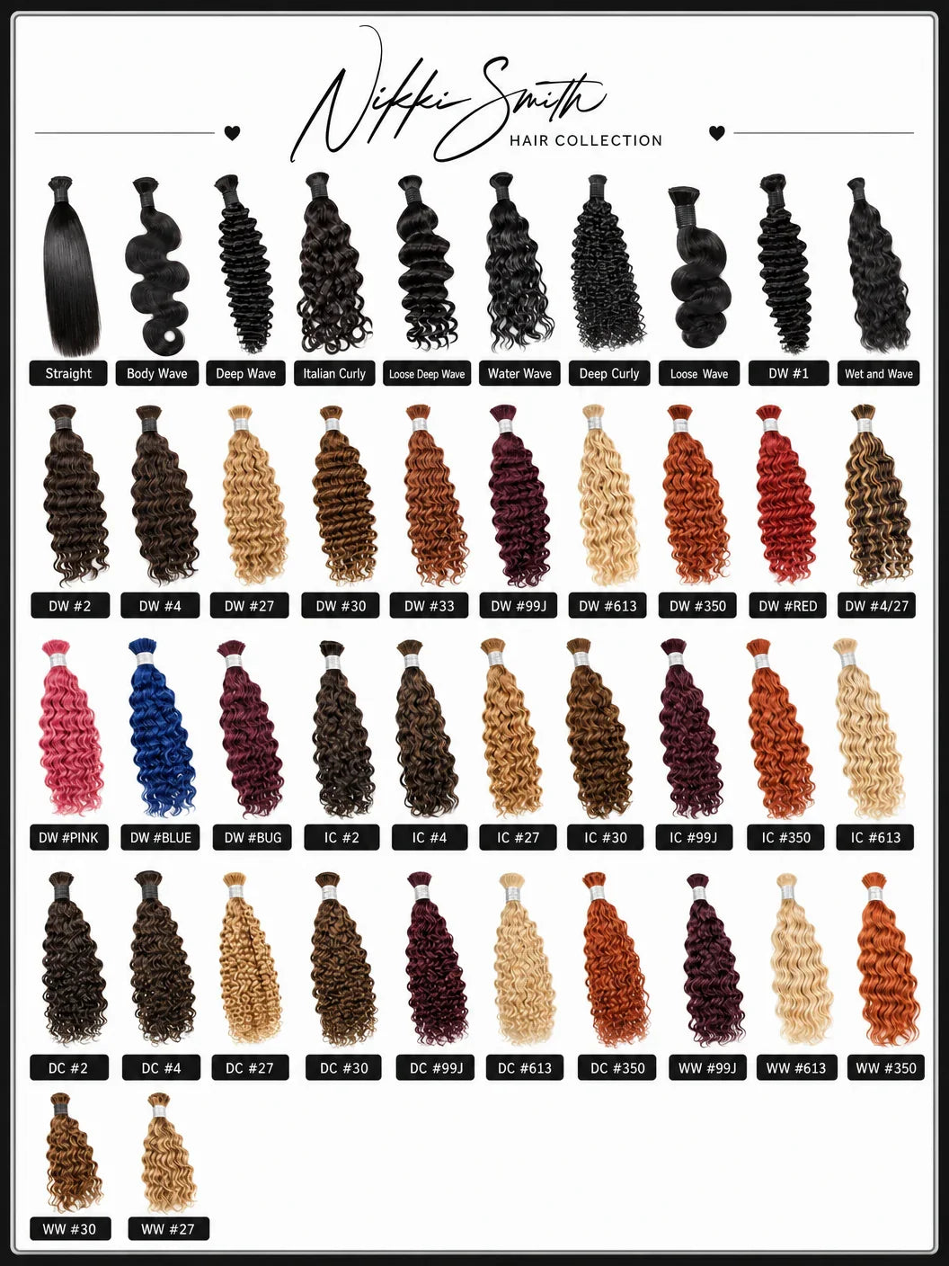 Virgin hair bundles in various textures and colors, including straight, body wave, deep wave, curly, and ombre.