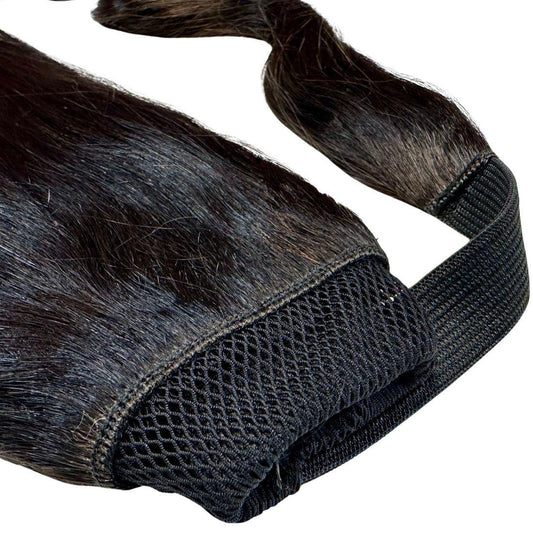 Close-up view of Natural Black Ponytail showing the built-in comb for easy attachment and a smooth, polished look.
