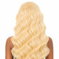 Close-up of transparent lace on blonde body wave full lace wig