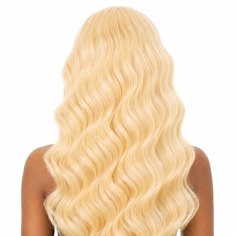 Close-up of transparent lace on blonde body wave full lace wig