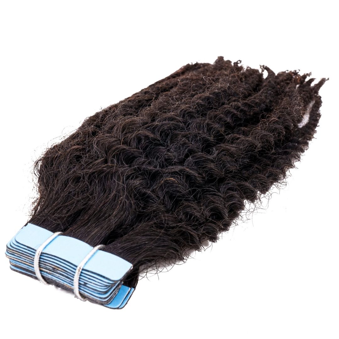 Afro kinky coily tape-in extensions made from premium 100% human hair, designed to add volume and texture.