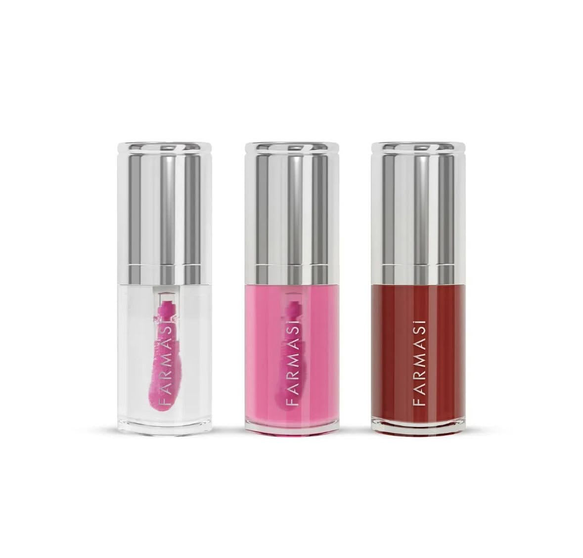 Three Farmasi lip glosses in clear, pink, and red shades with silver caps on white background