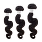 Three bundles of black Brazilian body wave hair extensions on white background