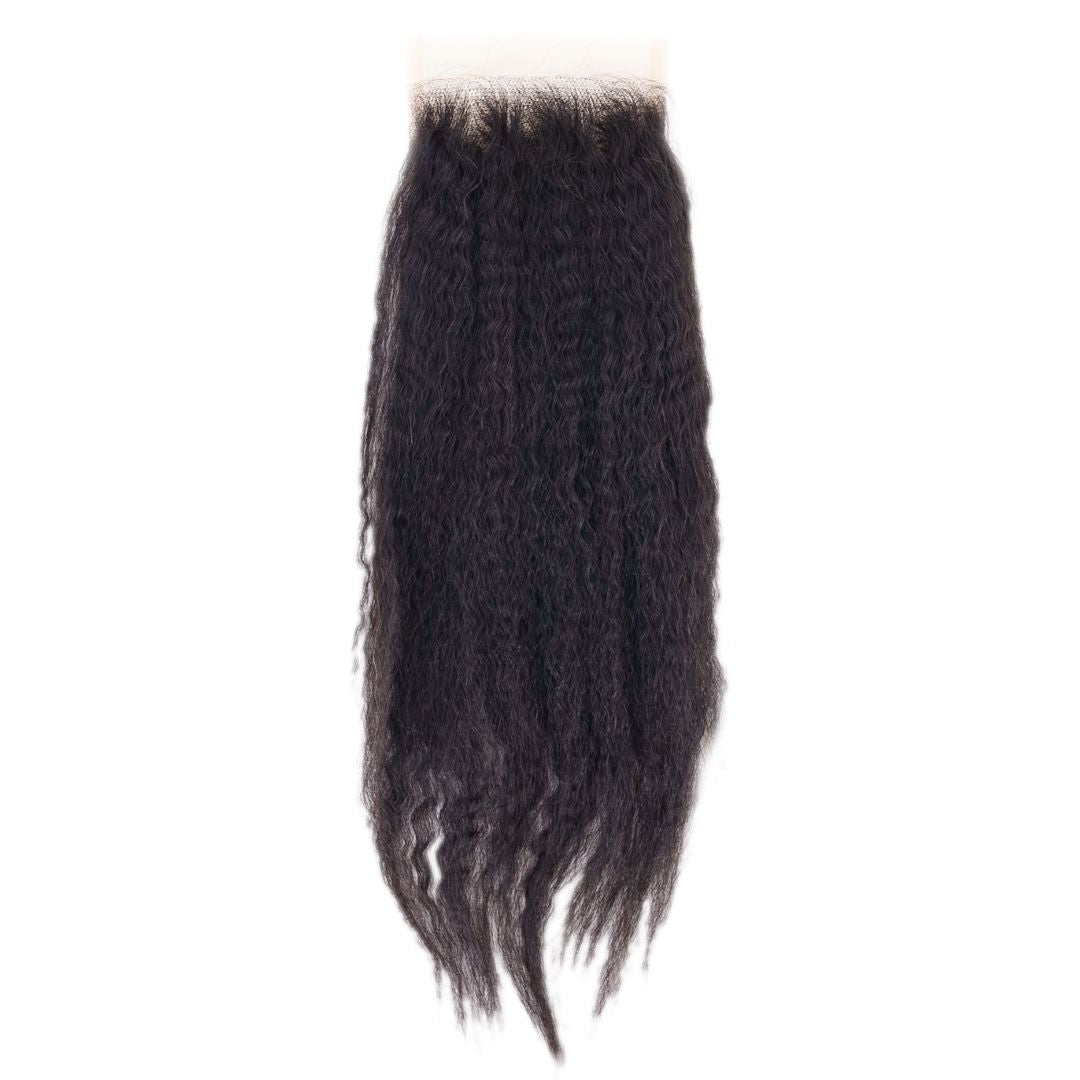 Brazilian Kinky Straight Lace Closure from Nikki Smith Hair Collection, offering a 14" kinky straight style, designed to complete your sew-in with a natural, protective top crown placement.