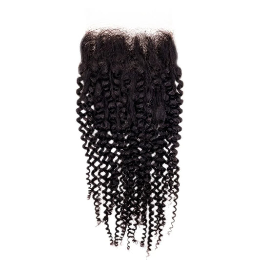Close-up of Brazilian Afro Kinky Curly Closure, showcasing the natural, tight curls and lace closure, ideal for creating a voluminous, textured look, from Nikki Smith Hair Collection.