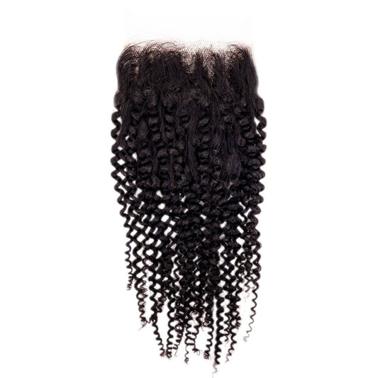 Close-up of Brazilian Afro Kinky Curly Closure, showcasing the natural, tight curls and lace closure, ideal for creating a voluminous, textured look, from Nikki Smith Hair Collection.