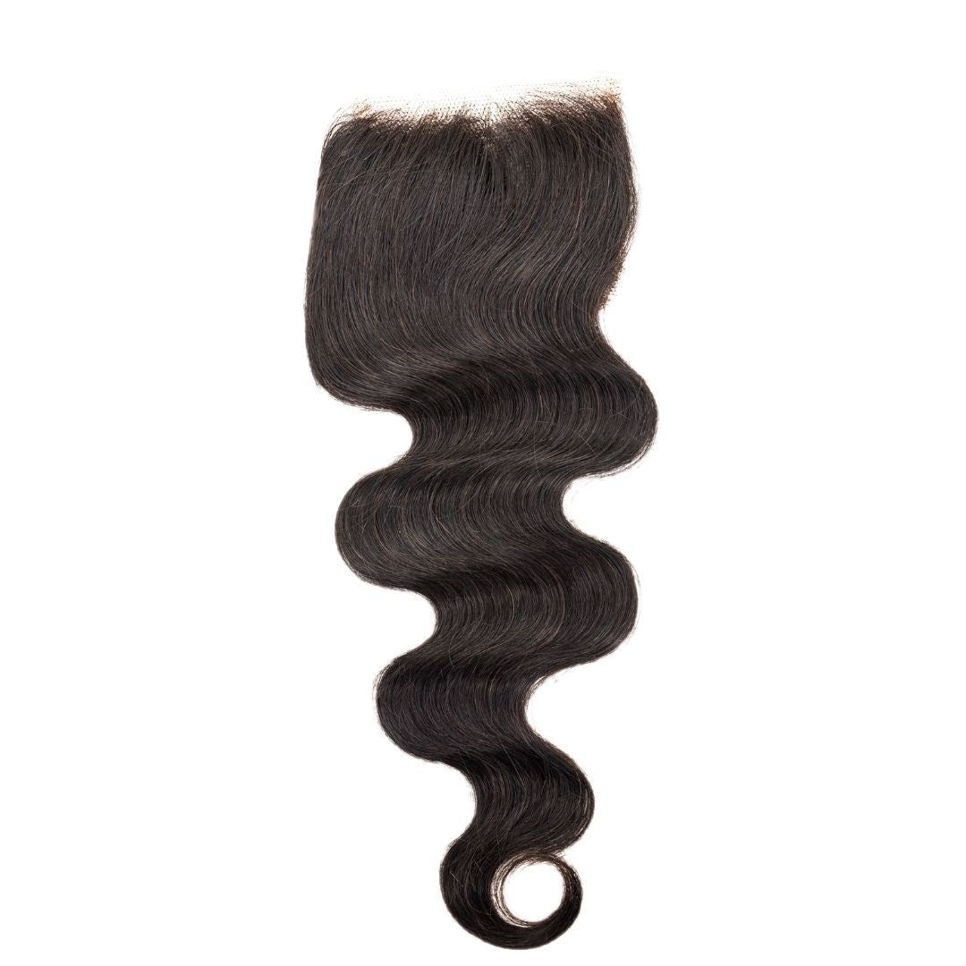 Brazilian Body Wave 4x4 Closure, displayed with a focus on the natural texture and transparent lace design.
