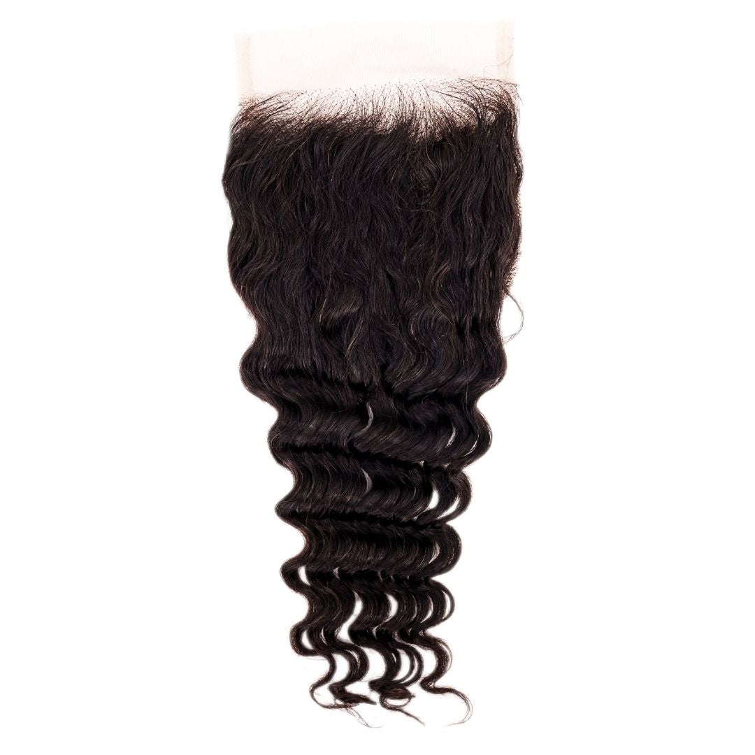 Brazilian Deep Wave 4x4 Closure, emphasizing the deep wave curls and lace closure for a flawless finish.