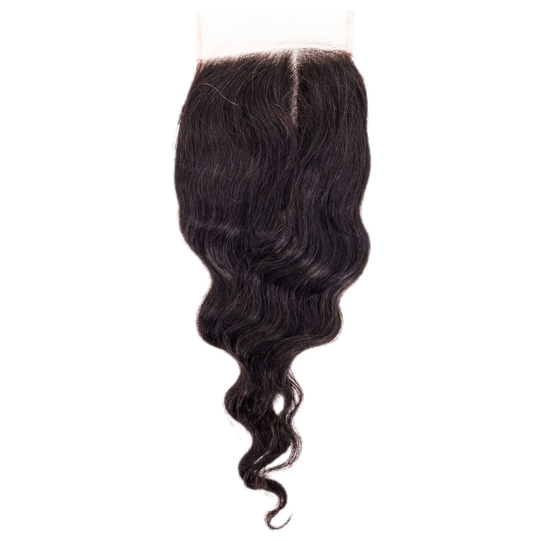 Brazilian Loose Wave 4x4 Transparent Closure captured in a styled look, showcasing the natural waves.