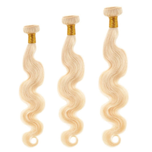 Russian Blonde BodyWave Bundle Deals from Nikki Smith Hair Collection. 100% human hair with machine double stitch wefts, available in lengths from 12” to 26”. Soft, smooth, and luxurious texture with natural sheen, offering three bundles per deal. Weight per bundle: 100 grams / 3.5 oz, with a total weight of 300 grams / 10.5 oz.