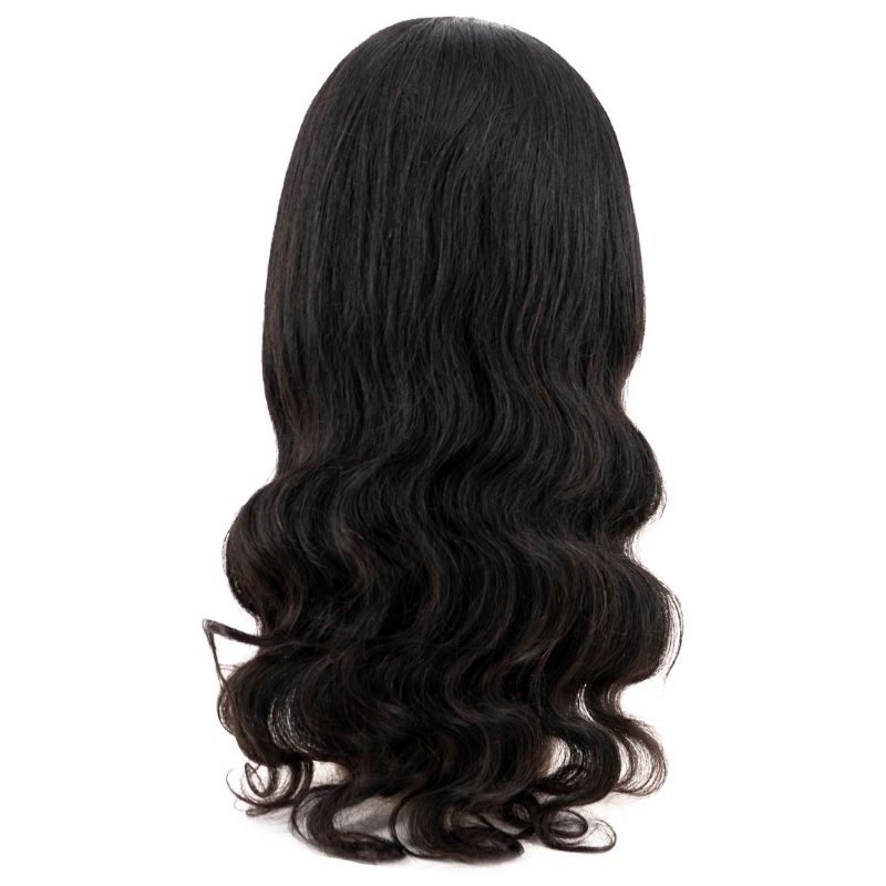 Body Wave Headband Wig from Nikki Smith Hair Collection, featuring 100% human hair with a black headband. This wig offers a natural 1B color, 150% density, and can be lifted to a #27. It provides a flawless, modern style with a comfortable fit in size 22.5 (Medium).