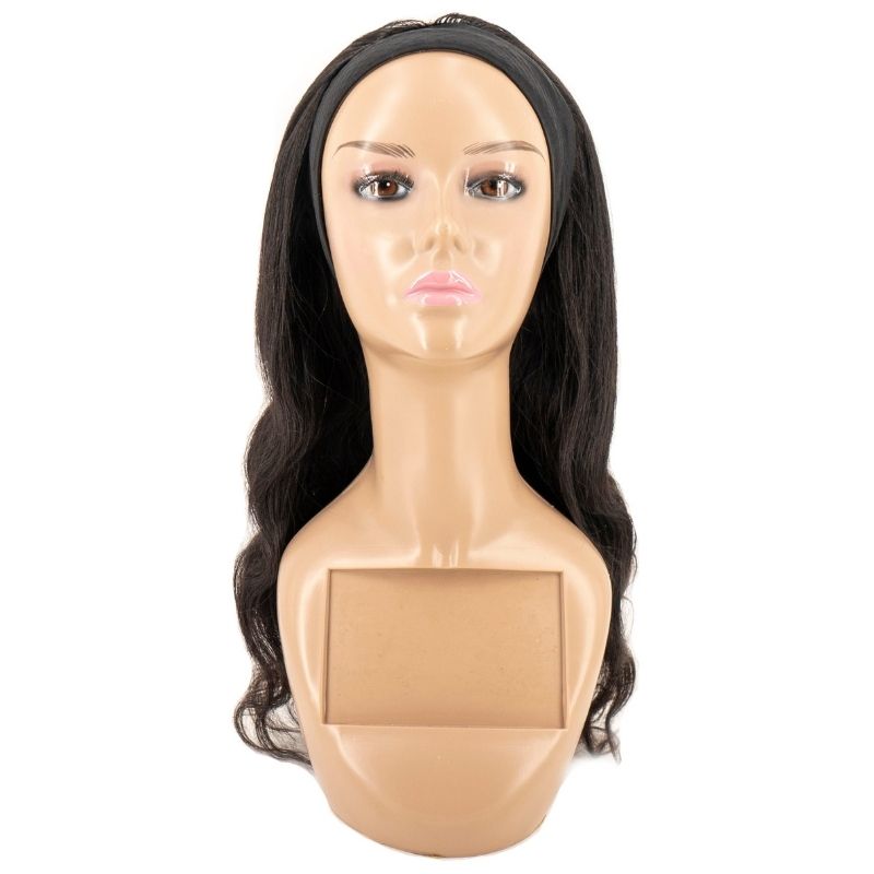 Body Wave Headband Wig from Nikki Smith Hair Collection, featuring 100% human hair with a black headband. This wig offers a natural 1B color, 150% density, and can be lifted to a #27. It provides a flawless, modern style with a comfortable fit in size 22.5 (Medium).