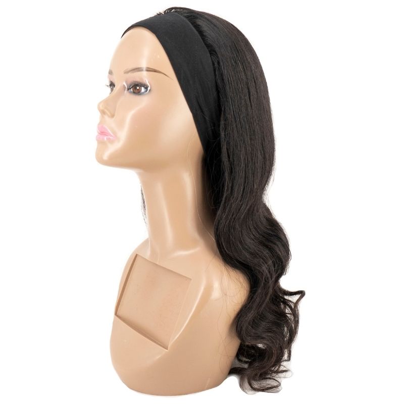 Body Wave Headband Wig from Nikki Smith Hair Collection, featuring 100% human hair with a black headband. This wig offers a natural 1B color, 150% density, and can be lifted to a #27. It provides a flawless, modern style with a comfortable fit in size 22.5 (Medium).