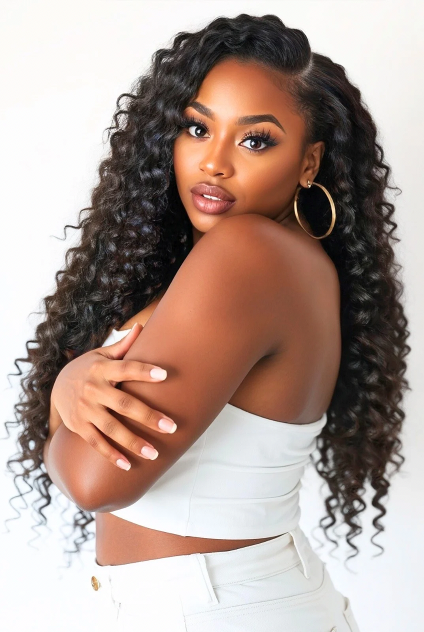 Nikki Smith Hair Collection's Brazilian Kinky Curly extensions displayed in their natural curly texture, showing the beauty and fullness of the hair, perfect for adding volume and texture to your style.
