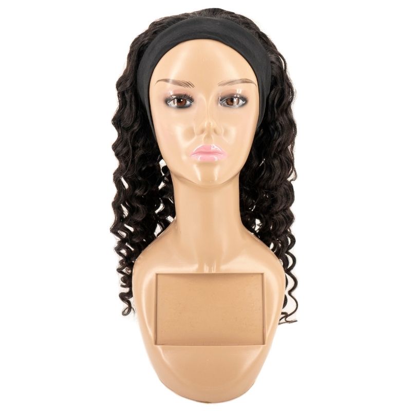 Deep Wave Headband Wig from Nikki Smith Hair Collection, made with 100% human hair in natural 1B color. This wig features 150% density and is adjustable to fit size 22.5 (Medium). It offers a comfortable, secure fit and can be lifted to a #27 color.