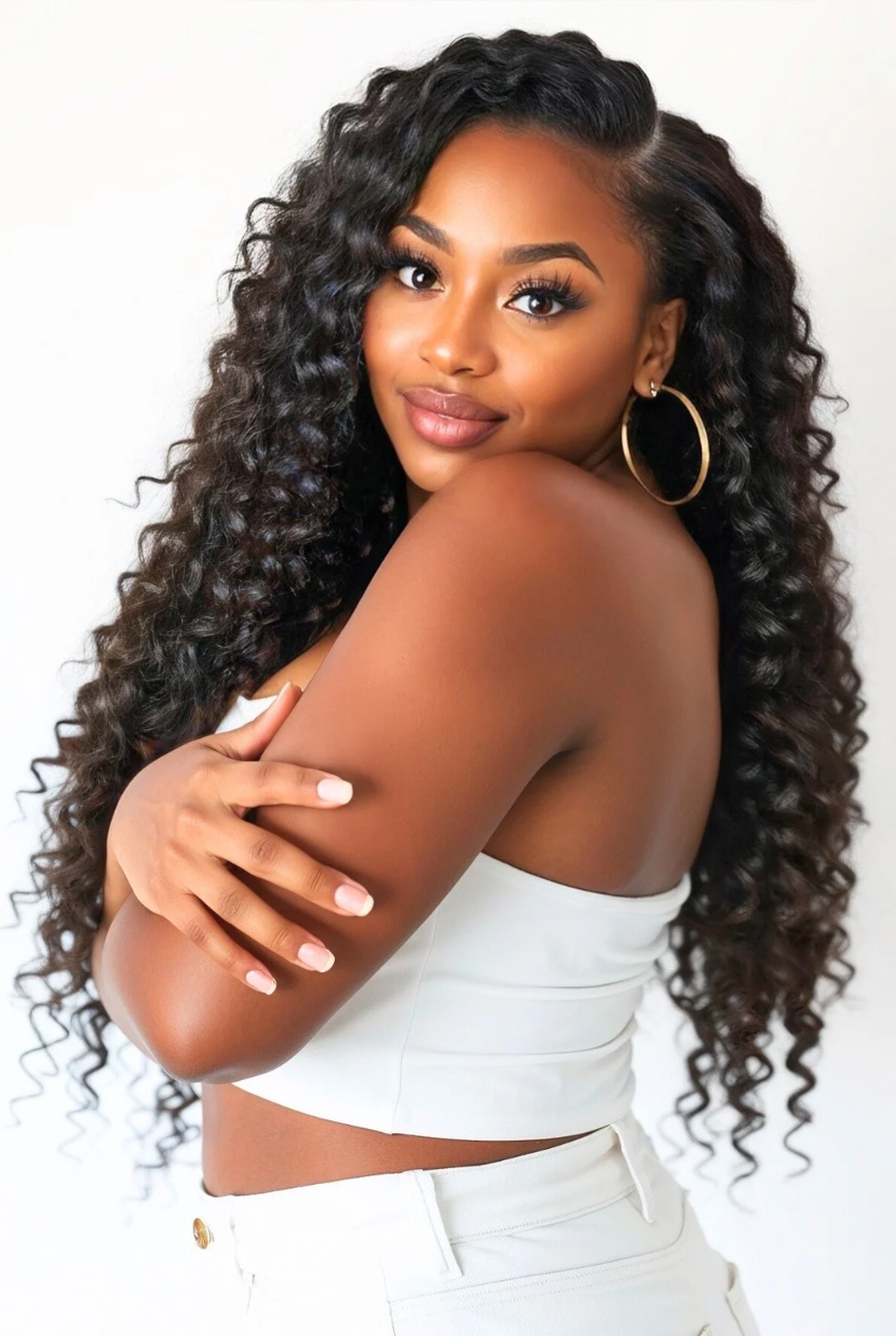 Premium hair extensions from Nikki Smith Hair Collection, showcasing various textures and styles including straight, wavy, curly, and body wave options, designed to add volume and luxury to any look.