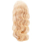 a blonde front lace wig made from virgin hair, featuring a natural hairline and a realistic scalp. The wig is styled in loose waves and falls just below the shoulders. The hair has a soft, silky texture and a light, airy feel. It is an ideal choice for anyone looking for a stylish and natural-looking hair replacement option.