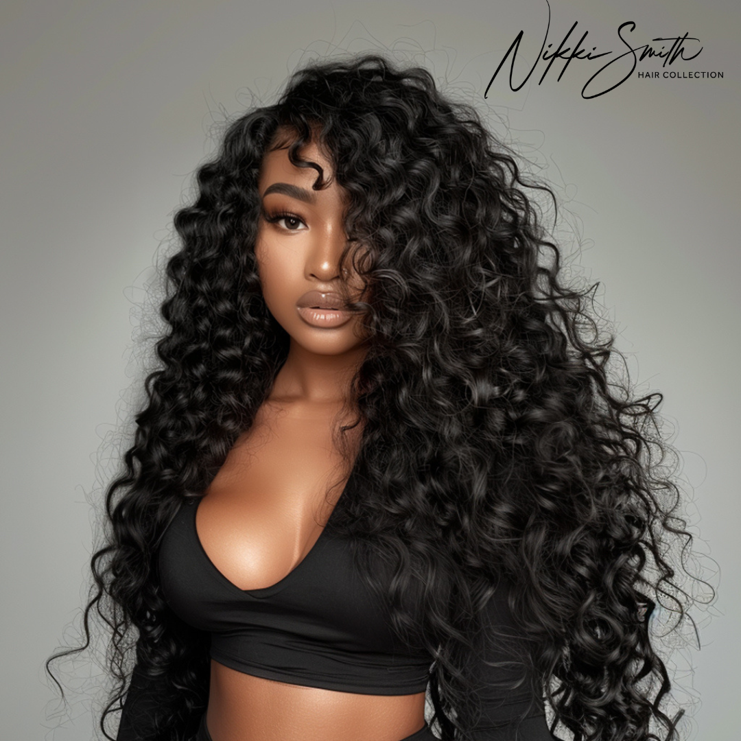 Premium hair extensions from Nikki Smith Hair Collection, showcasing various textures and styles including straight, wavy, curly, and body wave options, designed to add volume and luxury to any look.