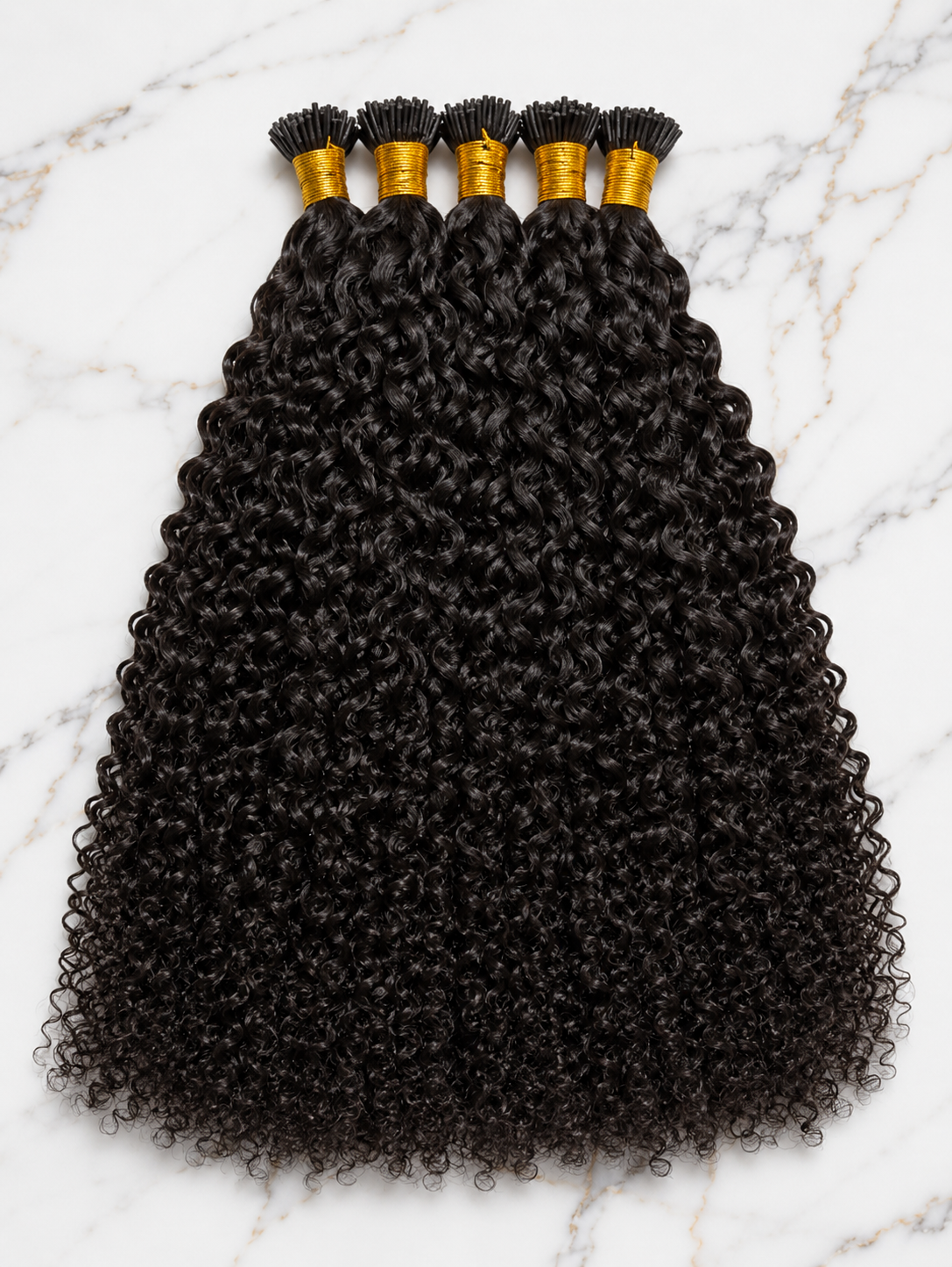 Premium I-Tip microlink hair extensions available in Straight, Body Wave, Kinky Curly, Yaki Straight, and Deep Curly textures