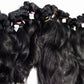 Bundles of premium wavy black hair extensions with size labels, arranged on a white background.