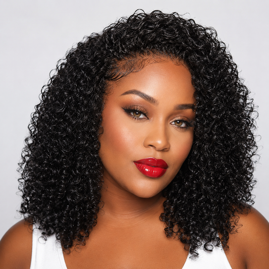 Kinky curly half wig in 100% human hair that blends with natural texture